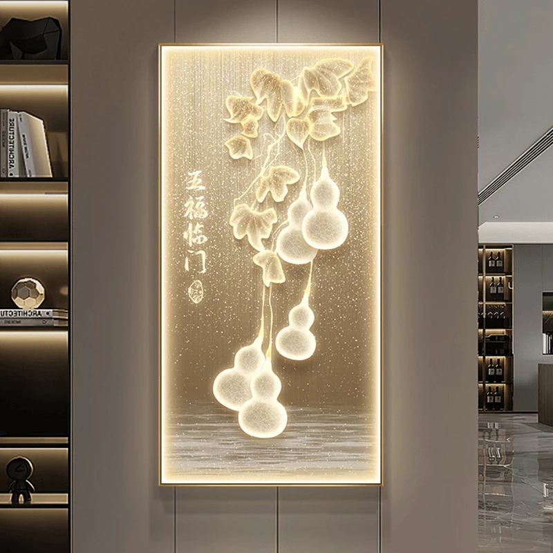 五福临门玄关装饰画现代轻奢灯画竖版入户正对门寓意好挂画可定制