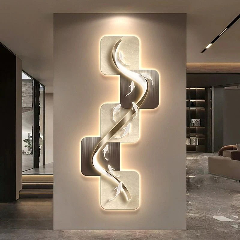 简约现代九鱼图玄关装饰画轻奢走廊过道抽象挂画无框高级le d灯画