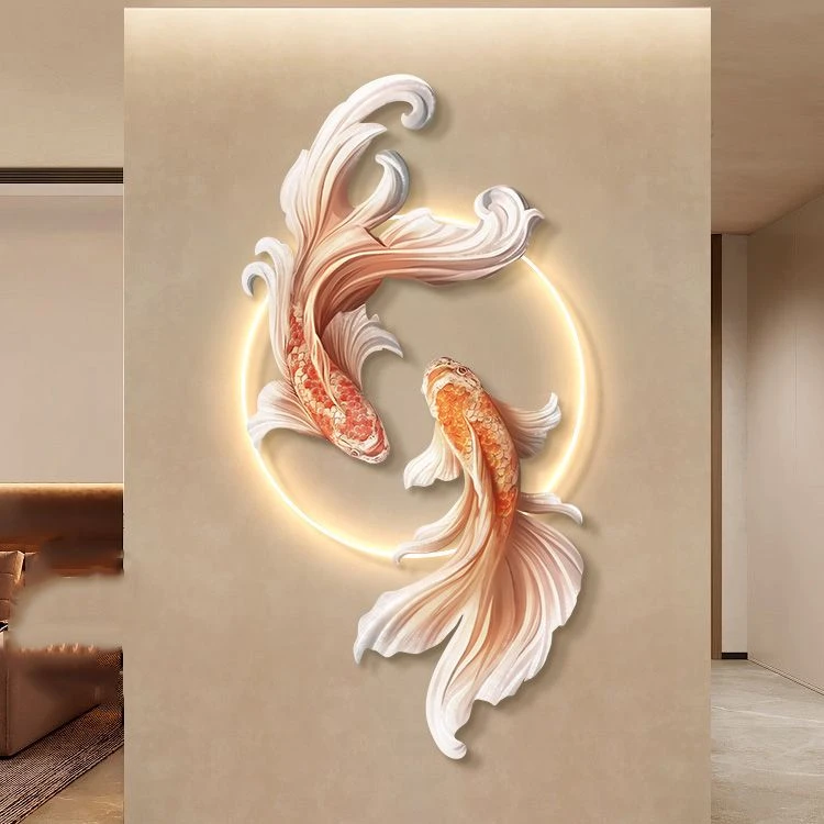 招财锦鲤侘寂风现代装饰画入户门玄关挂画高级感客厅立体壁饰灯画