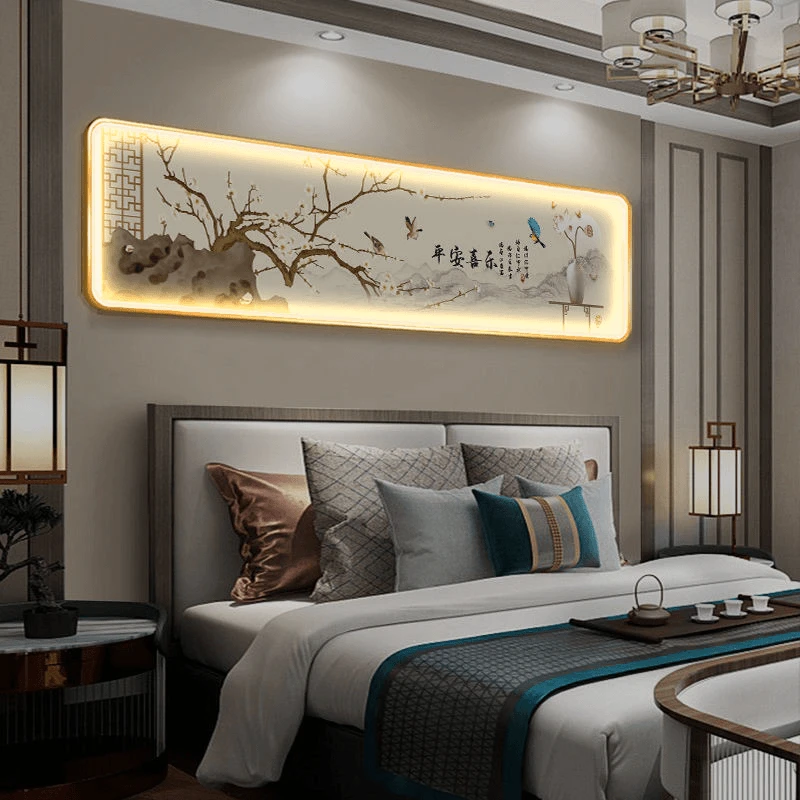 平安喜乐新中式卧室床头装饰画LED灯主卧房间挂画客厅背景墙壁画