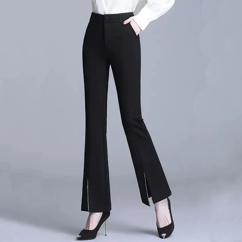 前开叉钻条微喇裤子女高腰修身显瘦2024春夏款九分西裤黑色喇叭裤