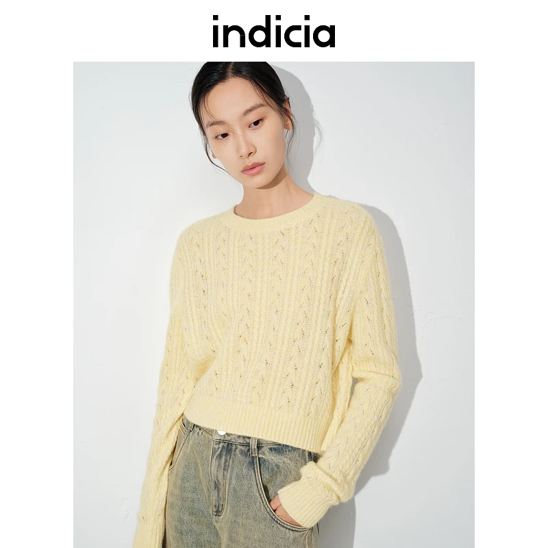 indicia标记商场24秋女装韩版奶黄色温柔绞花短款针织衫L2C4MS153