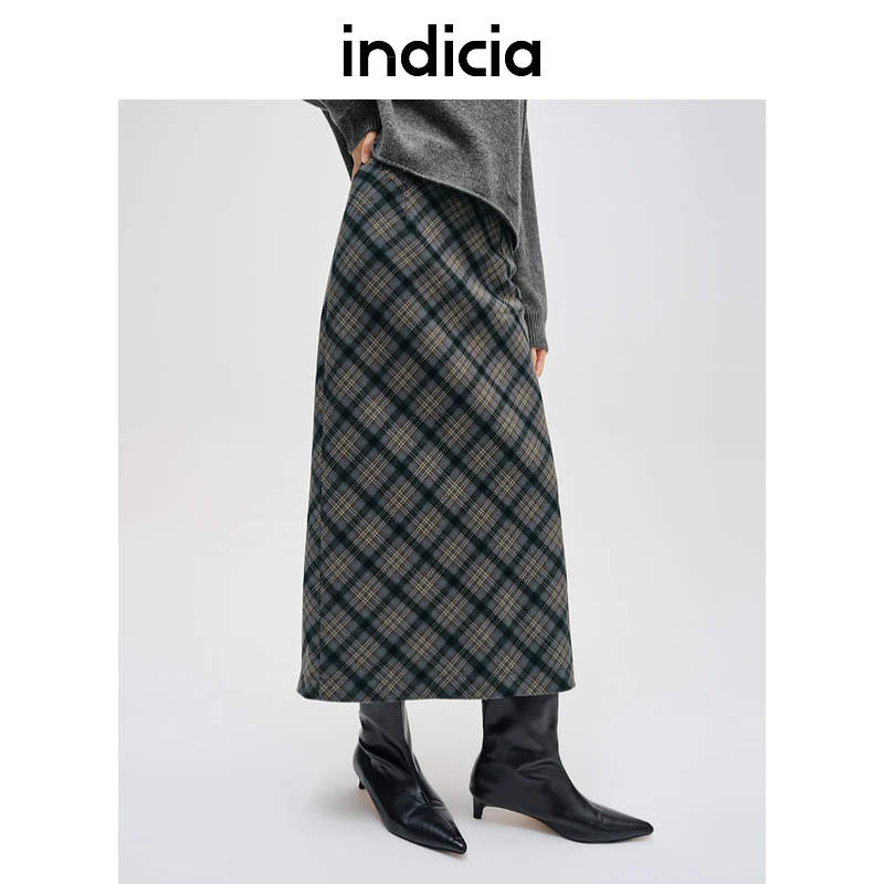 indicia标记商场同款24冬新款格纹a字版开叉优雅半身裙F2D4QZ775C