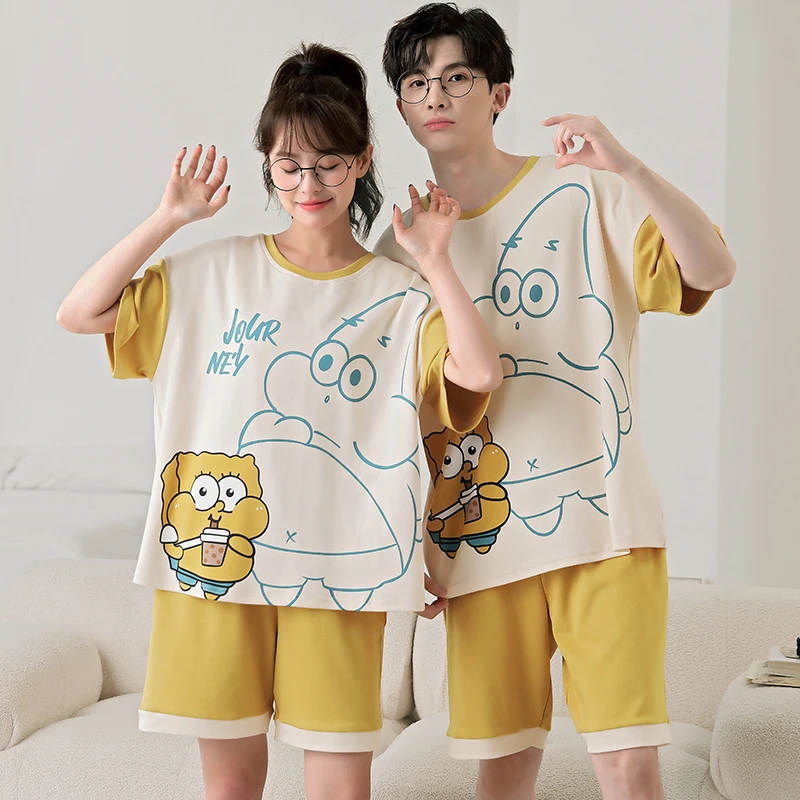 情侣睡衣女夏季纯棉薄款短袖卡通可爱休闲男士宽松夏天家居服套装