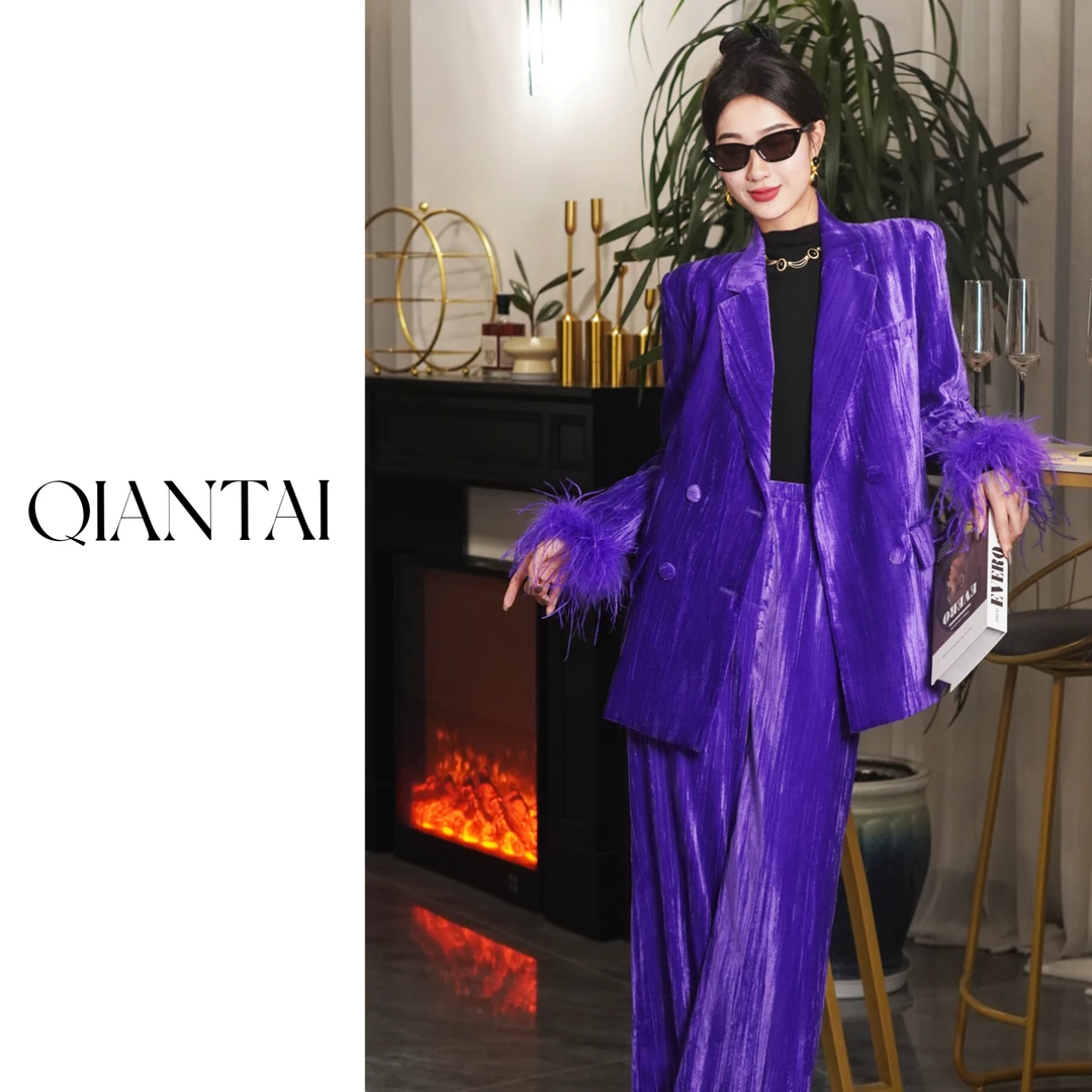 QIANTAI【紫光夜】高奢休闲气质显瘦女士西装套装宽松套装外套