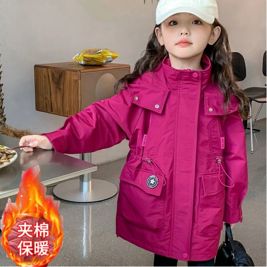女童秋冬外套2025新款儿童连帽冲锋衣宝宝中长款夹棉洋气工装外套