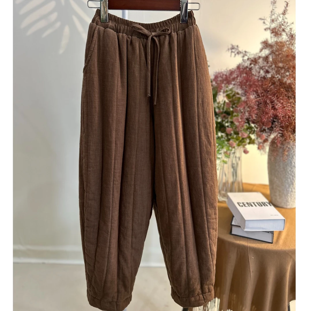 纯亚麻冬季新款复古亚麻夹棉棉裤女双层绗线加厚抽绳保暖女长裤2
