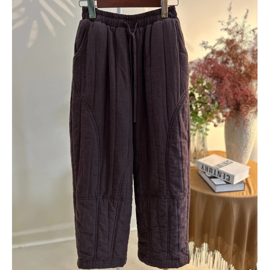 纯亚麻冬季新款复古亚麻夹棉棉裤女双层绗线加厚保暖九分直筒靴裤