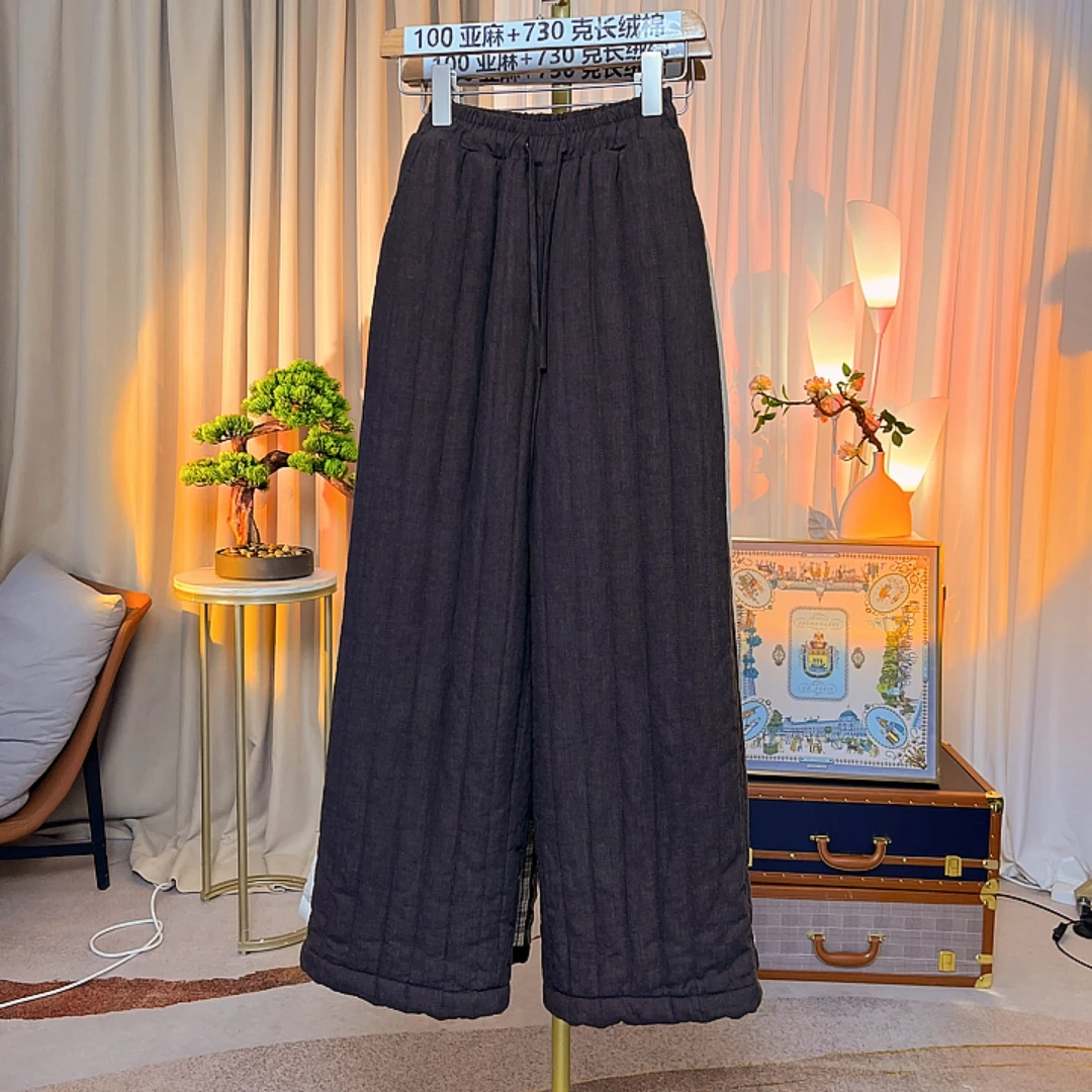 冬季新款纯亚麻保暖棉裤加长夹棉复古时尚抽绳松紧腰窄版直筒女裤