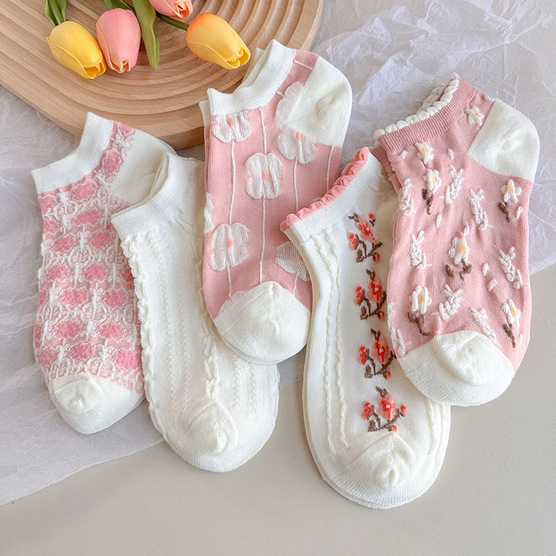 袜子女船袜春夏薄款粉色复古花朵透气短袜浅口低帮春秋女士ins