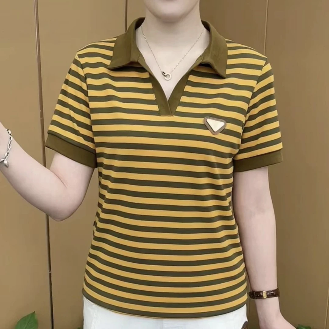 妈妈装2023新款条纹短袖t恤女夏季百搭翻领POLO衫时尚减龄上衣潮