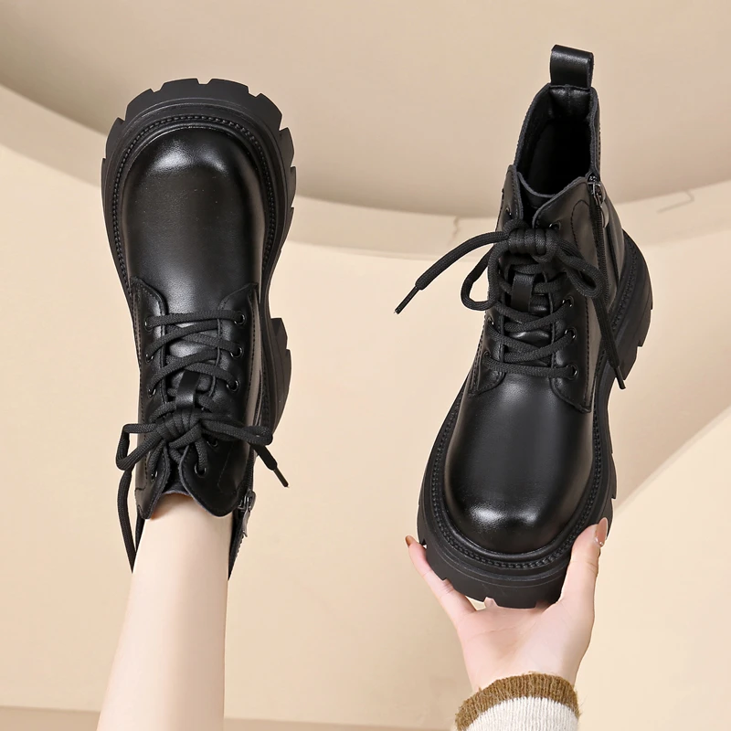 圆头厚底爆款马丁靴女2024年秋冬新款小个子不累脚复古英伦风短靴