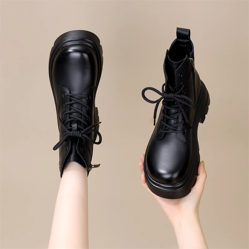 软皮圆头马丁靴女2024年秋冬新款加绒保暖不累脚小个子英伦风短靴