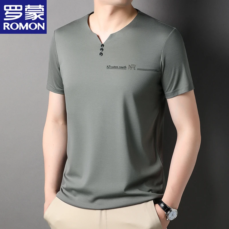 罗蒙冰丝凉感夏季新款V领短袖T恤2025薄款纯色顺滑半袖速干高端t