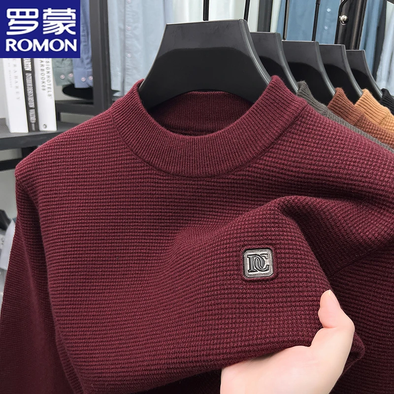 罗蒙冬季男士加厚圆领毛衣舒适百搭保暖舒适针织衫华夫格打底衫潮