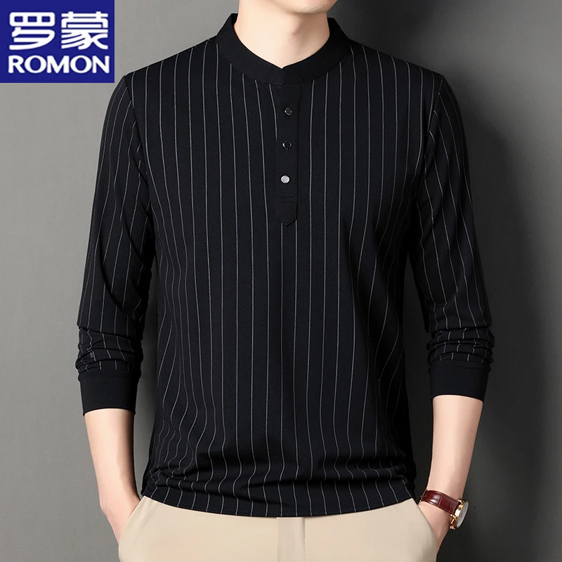 罗蒙春秋季立领条纹男士长袖T恤衫休闲宽松圆领打底衫男加绒上衣