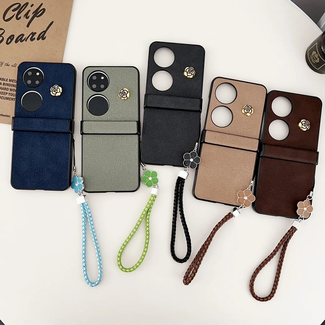 适用复古高级感皮纹山茶花手链适用华为P50Pocket手机壳PocketS折