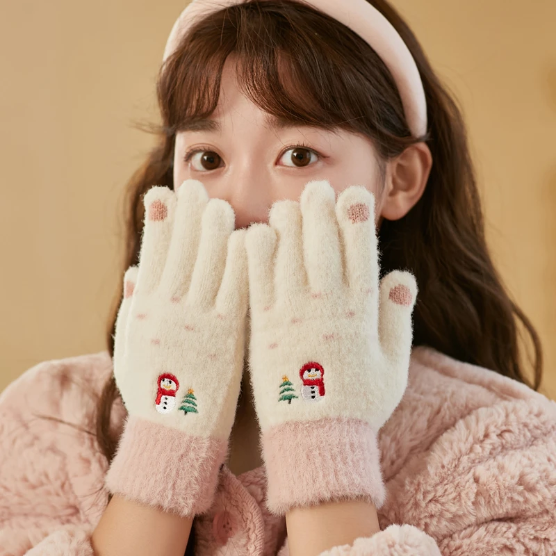 分指手套女冬季可爱加绒加厚骑车女生冬天保暖毛线学生骑行可触屏