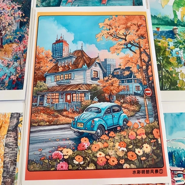 水彩明朗风景临摹卡儿童创意美术明信片水彩水粉彩铅风景范图