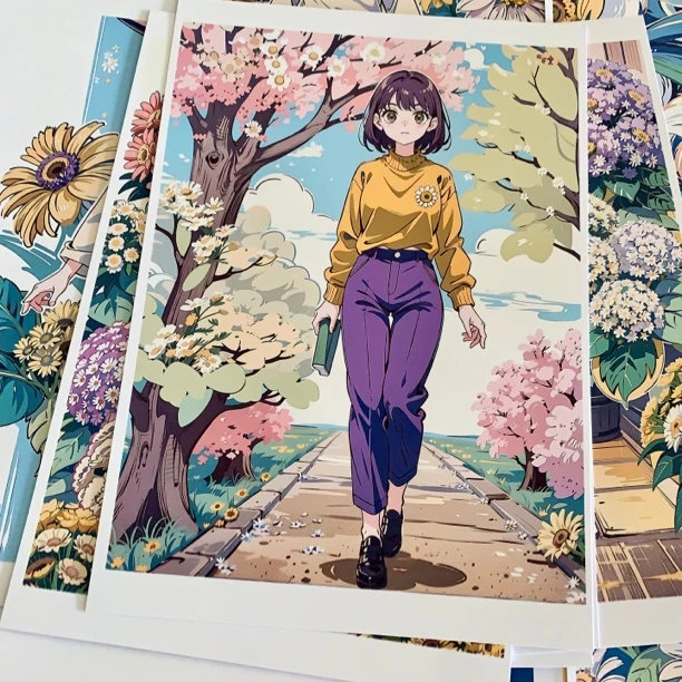 Q版花卉酷女孩临摹卡儿童创意美术明信片马克笔卡通动漫人物画稿