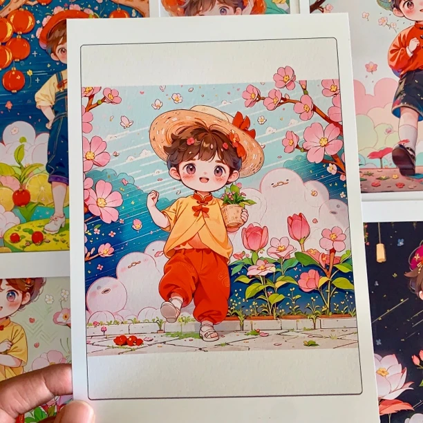Q版动漫人物场景临摹卡儿童创意美术明信片初级卡通插画画稿范图