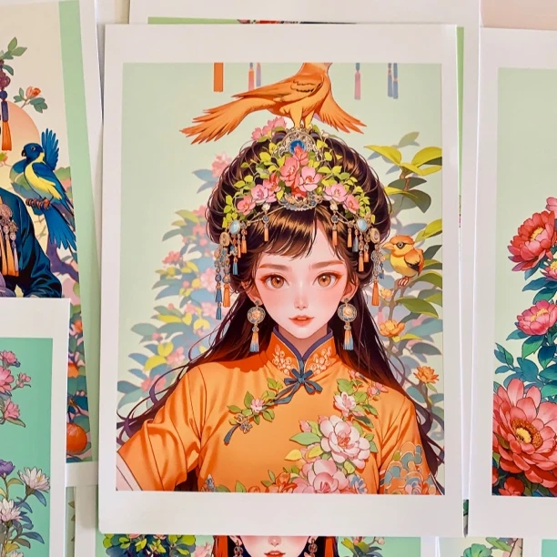 国潮高级动漫人物临摹卡儿童创意美术明信片马克笔卡通人物范图