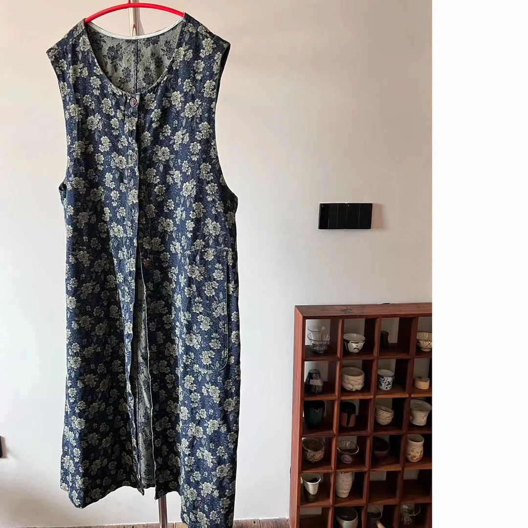 H6320花花牛仔长款马甲蓝色均码