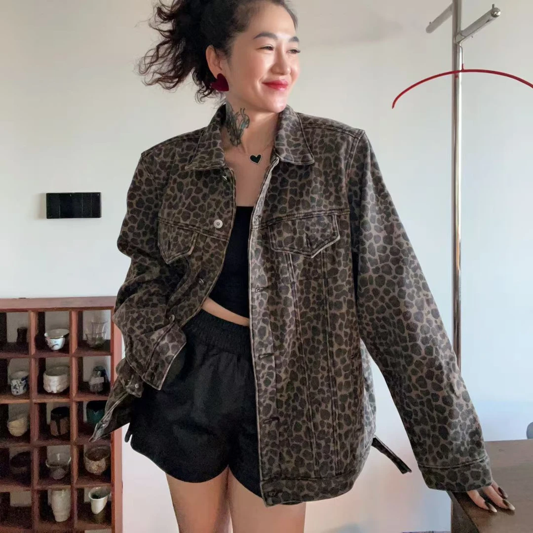 45-93豹纹加绒牛仔外套深咖色均码