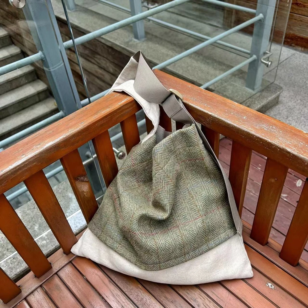 259-09复古麻料方包杏绿色均码