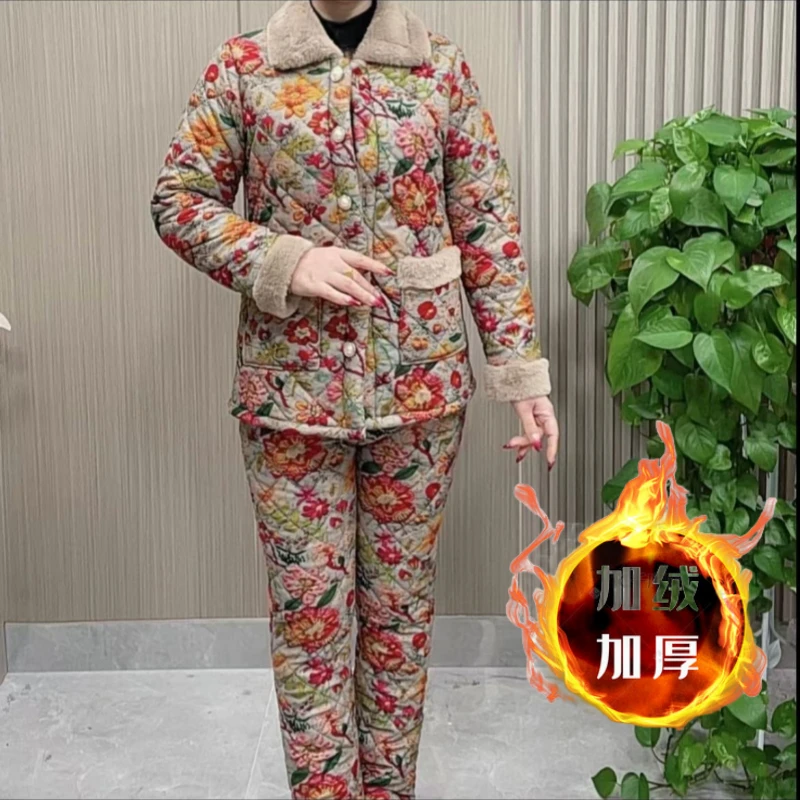 新款新中式碎花减龄百搭中老年妈妈装加厚加绒棉服棉裤套装两件套