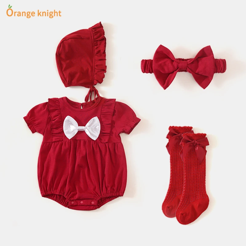 婴儿夏装满月服新生女宝宝红色拍照哈衣百天周岁礼服夏季短袖衣服