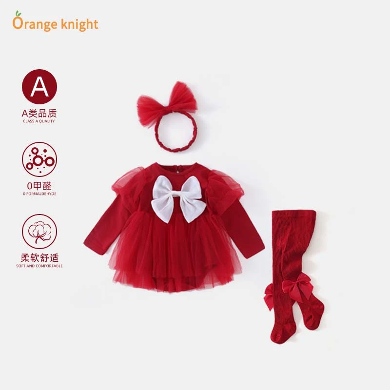 宝宝衣服春秋婴幼儿拍照包屁裙蝴蝶结连衣裙百天周岁礼服网纱裙子