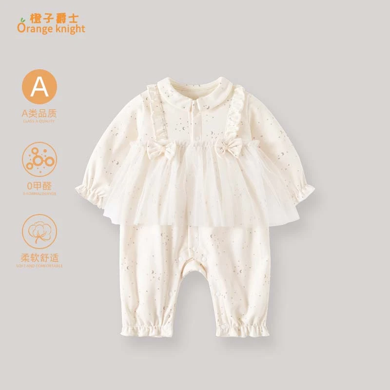 婴儿春秋季新款衣服小月龄女宝宝甜美可爱长袖连体衣满月百天礼服