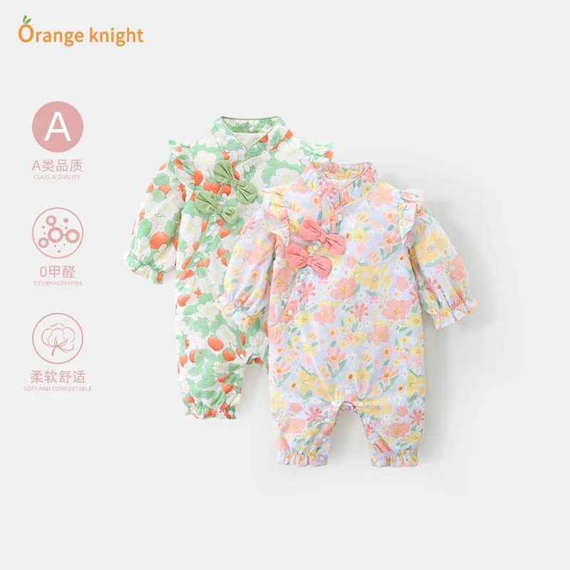 秋季婴儿衣服新生儿碎花连体衣女宝宝百天抓周礼服中国风旗袍哈衣