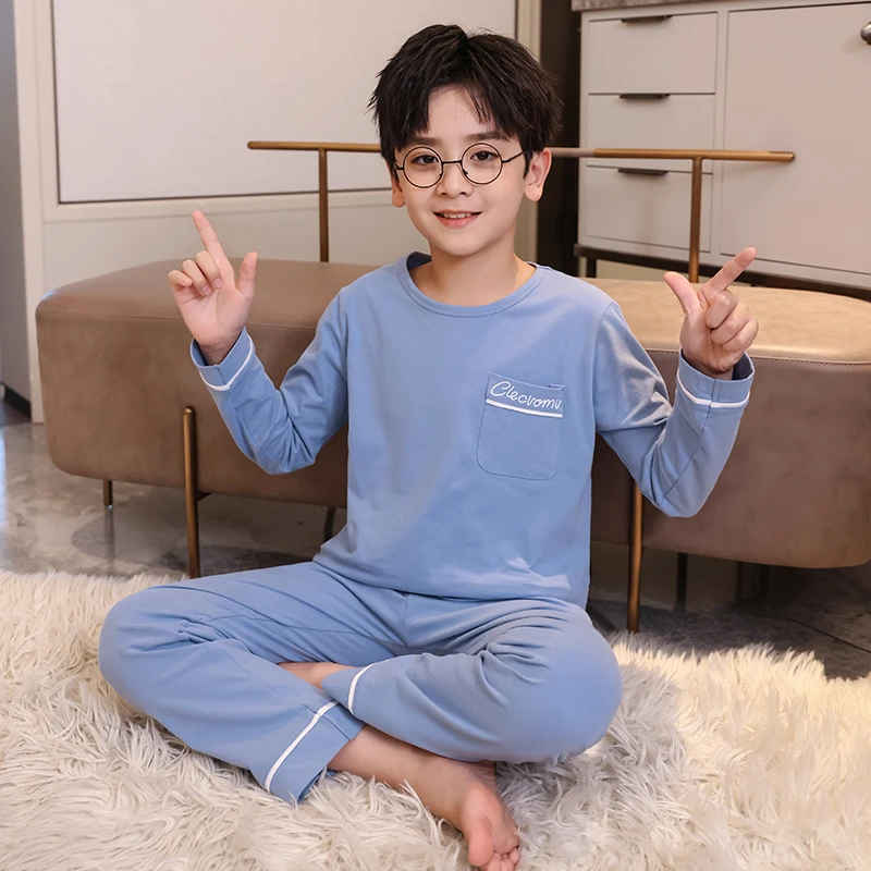纯棉男童睡衣春秋季防着凉圆领舒适家居服青少年学生小口袋长袖