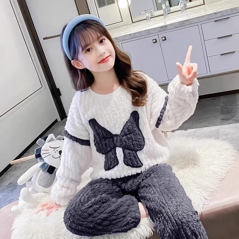 儿童珊瑚绒睡衣女童防着凉法兰绒保暖秋冬季加绒中大童家居服套装