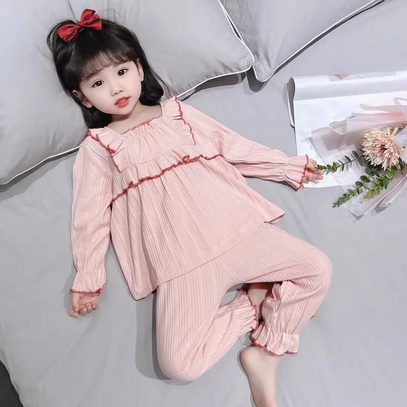 女童时尚春秋新款长袖公主荷叶边秋季薄款中小套空调服女孩家居服