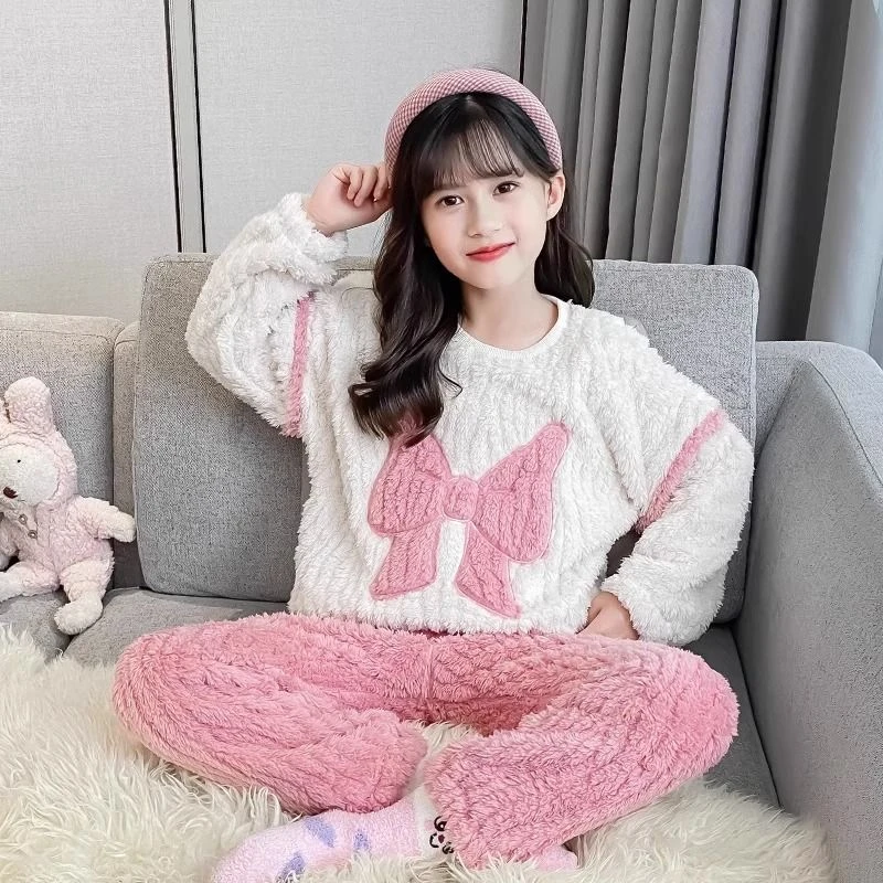 儿童女孩分体睡衣女童网红法兰绒保暖秋冬加绒中大童家居服套装