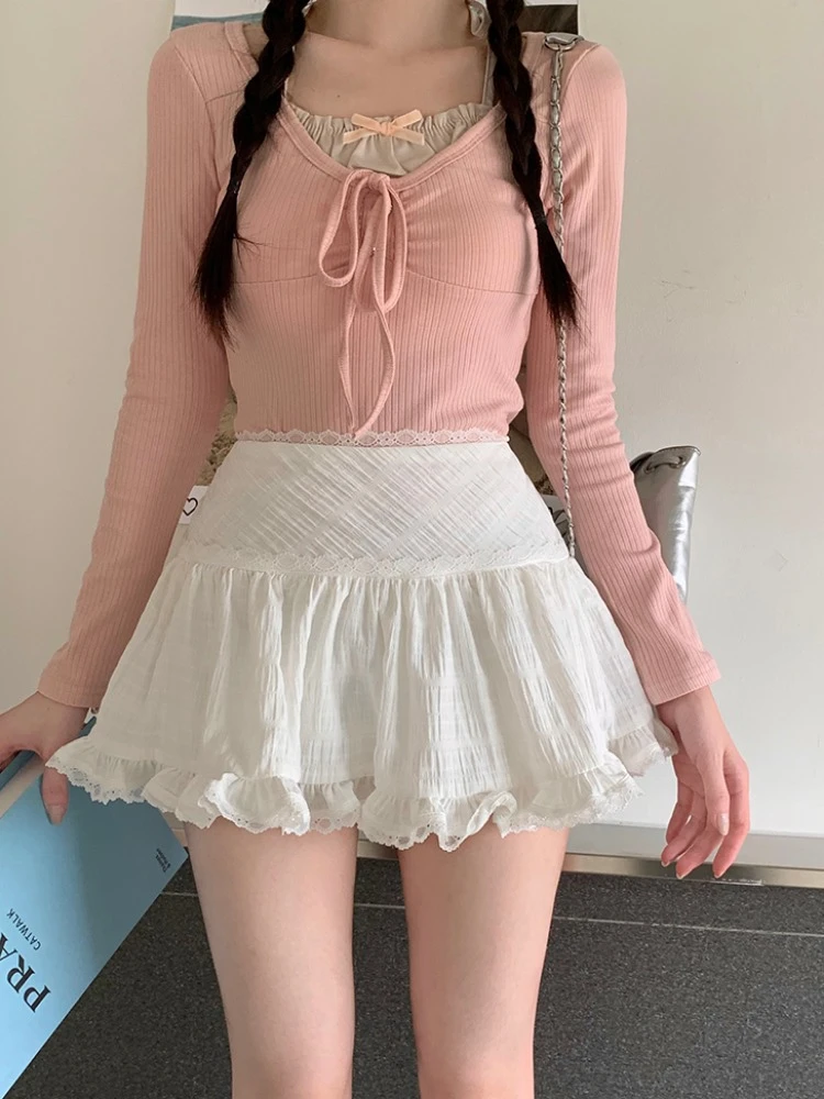 蕾丝花边半身裙2025春夏白色芭蕾风裙高腰显瘦a字短裙防走光裙裤