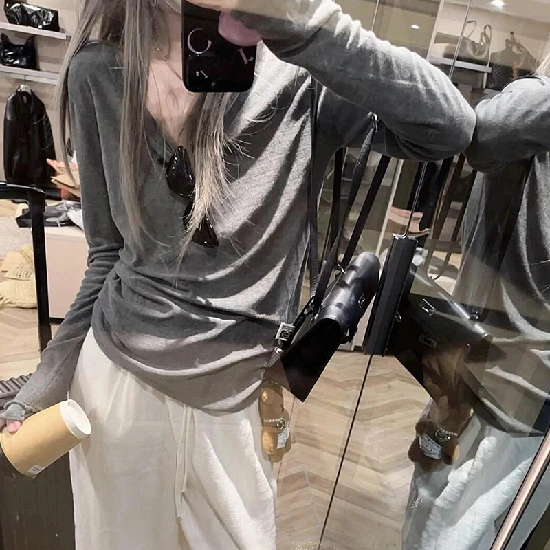 2025春秋季新款打底衫 慵懒感T恤大领子灰色宽松休闲长袖纯色t恤