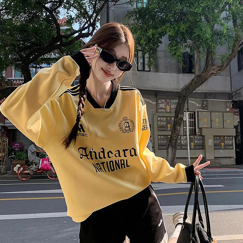 秋季新品美式经典三条杠V领上衣女春秋潮牌球衣卫衣百搭圆领时尚