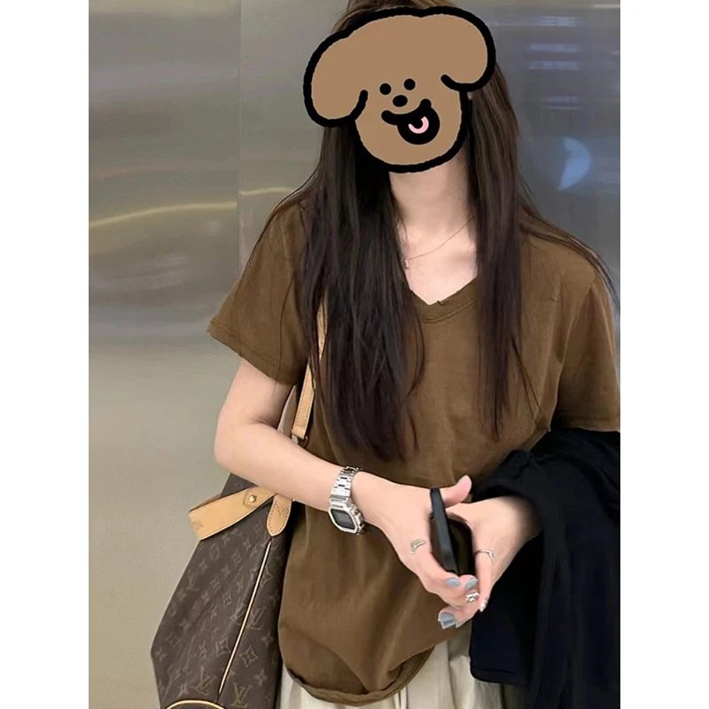 新款韩系简约慵懒风内搭新款V领短袖T恤上衣女夏季休闲纯色宽松