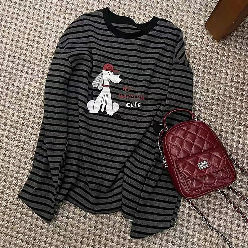 2024韩版休闲宽松大版长袖条纹秋冬设计感上衣复古减龄卡通印花