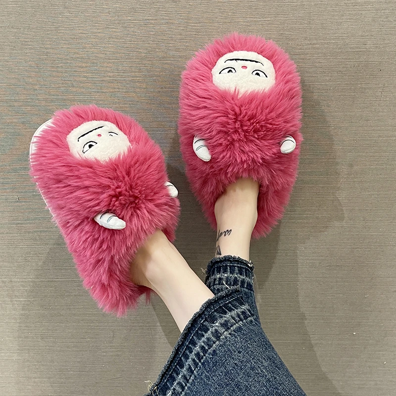 毛绒棉拖鞋女冬季厚底防滑时尚可爱小怪兽室内外穿保暖包头毛毛鞋