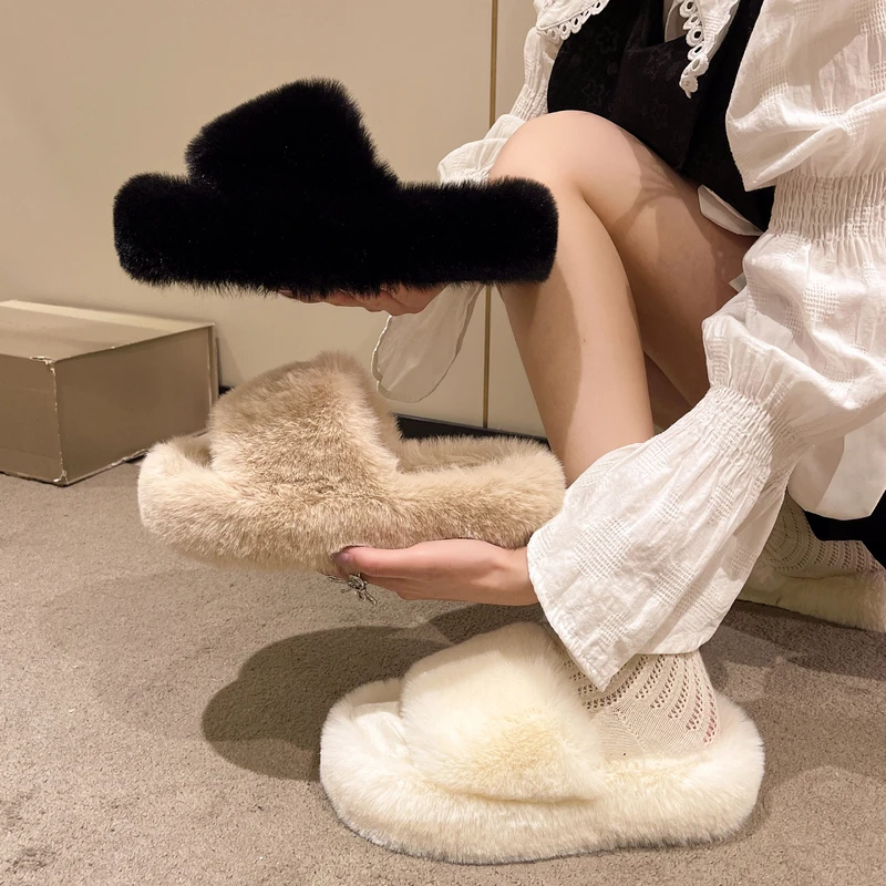 毛毛拖鞋女外穿新款秋冬简约百搭松糕厚底增高居家一字棉拖鞋女款