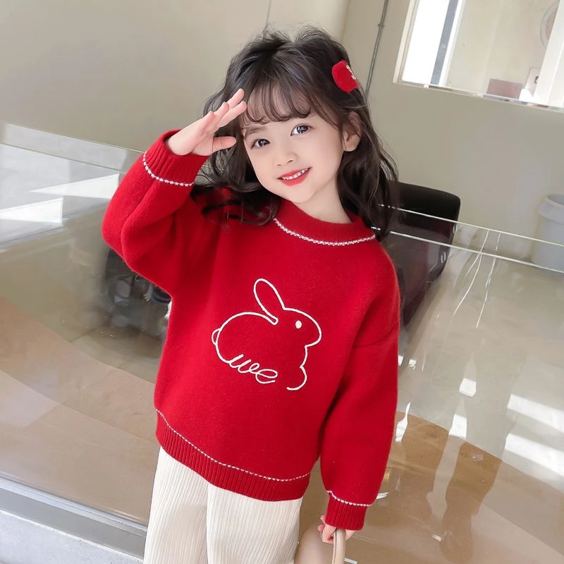 BD812女童兔年毛衣加厚冬2022年新年拜年服款中大童红色加绒儿童
