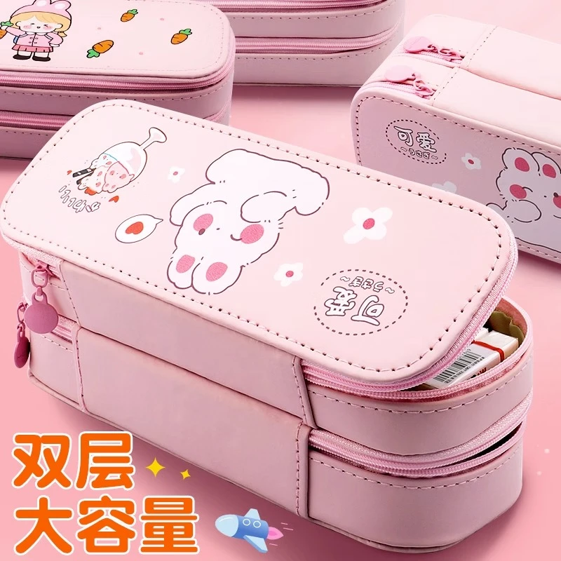 双层笔袋高颜值大容量文具袋小学生简约笔盒ins系可爱多层铅笔盒