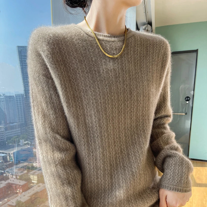 【绒暖 100羊毛】新款圆领羊毛衫女宽松百搭毛衣纯色长袖针织打底衫