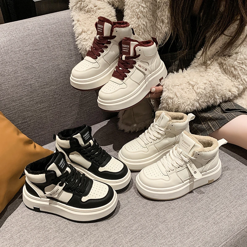 【甜甜女鞋】冬季加绒高帮鞋大棉保暖时尚休闲小白鞋女平底增高棉鞋