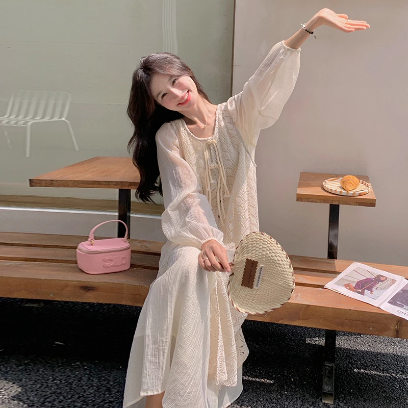 法式镂空连衣裙套装女2024春秋气质温柔慵懒度假风蕾丝罩裙两件套